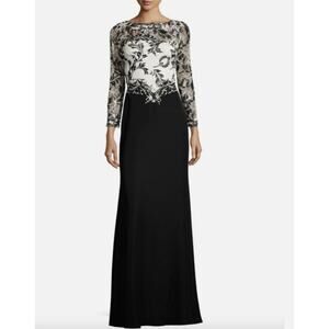 Tadashi Shoji Dress 8 Embroidered Lace 2 Tone Long Sleeve Maxi Evening Gown Chic